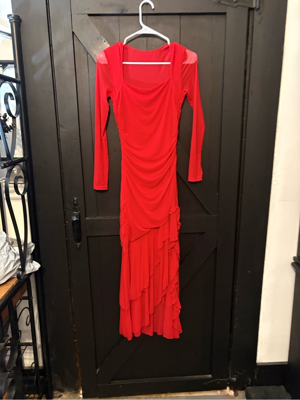 Elegant Red Long-Sleeve Ruched & Ruffle Maxi Dress